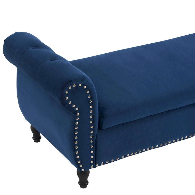 Traditional Velvet Storage Ottoman Bench with Rolled Arms, Tufted Waffle Stitch & Pillow