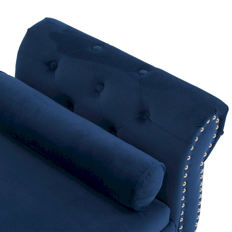 Traditional Velvet Storage Ottoman Bench with Rolled Arms, Tufted Waffle Stitch & Pillow