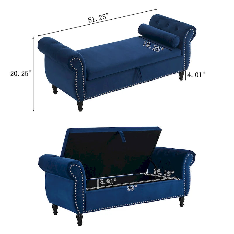 Traditional Velvet Storage Ottoman Bench with Rolled Arms, Tufted Waffle Stitch & Pillow