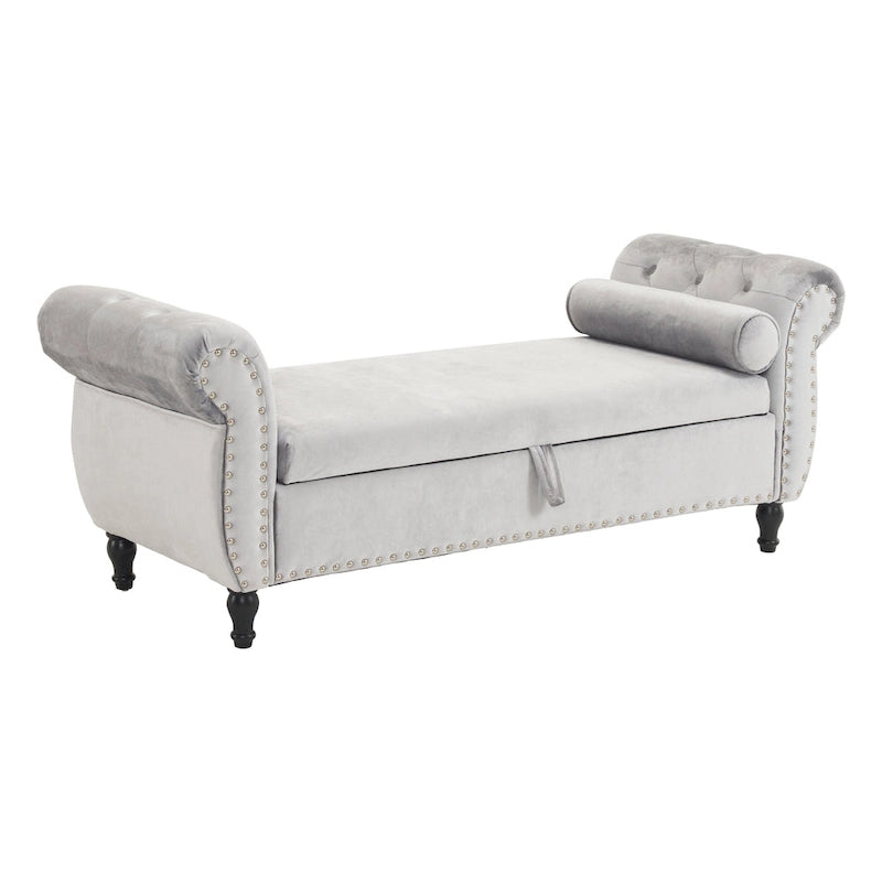 Traditional Velvet Storage Ottoman Bench with Rolled Arms, Tufted Waffle Stitch & Pillow