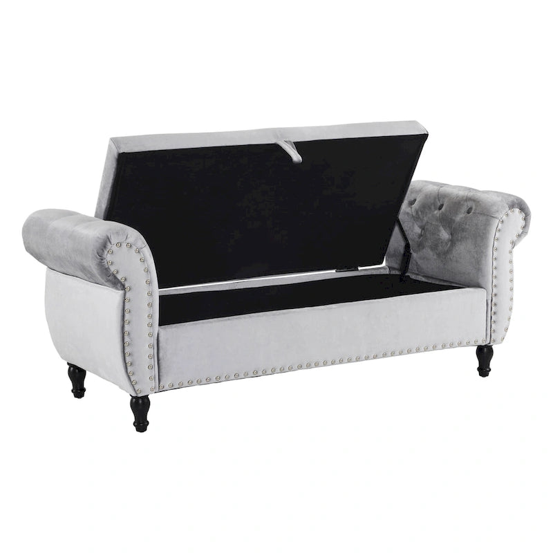 Traditional Velvet Storage Ottoman Bench with Rolled Arms, Tufted Waffle Stitch & Pillow