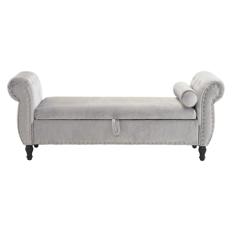 Traditional Velvet Storage Ottoman Bench with Rolled Arms, Tufted Waffle Stitch & Pillow