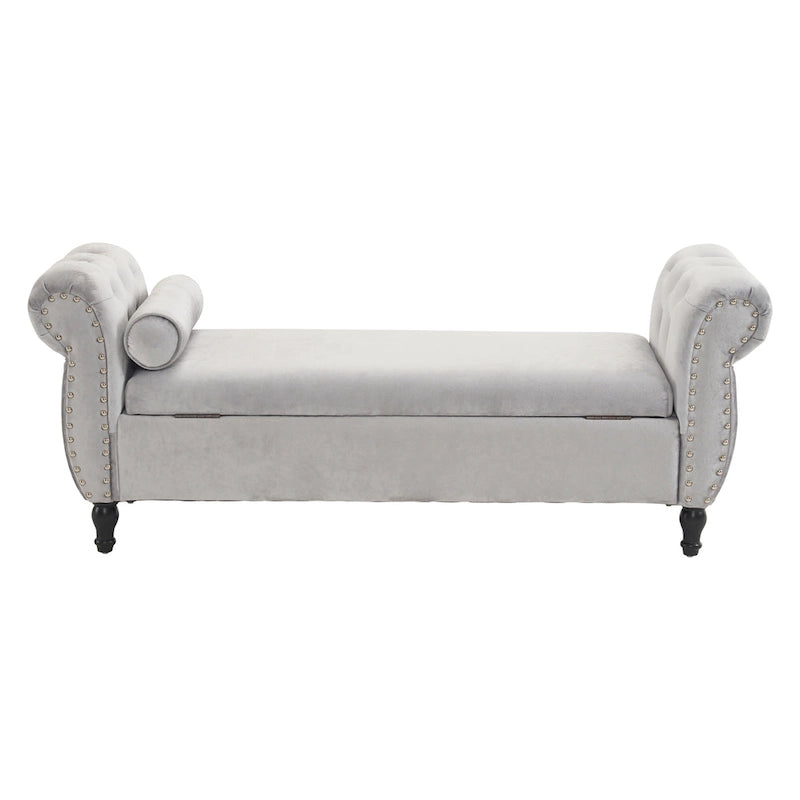 Traditional Velvet Storage Ottoman Bench with Rolled Arms, Tufted Waffle Stitch & Pillow