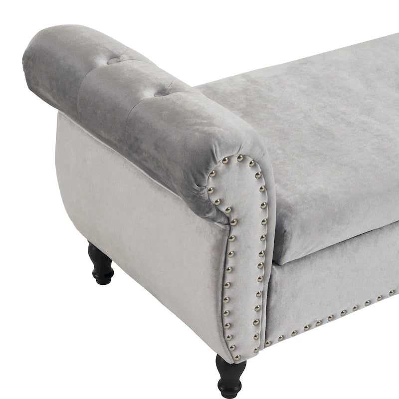Traditional Velvet Storage Ottoman Bench with Rolled Arms, Tufted Waffle Stitch & Pillow