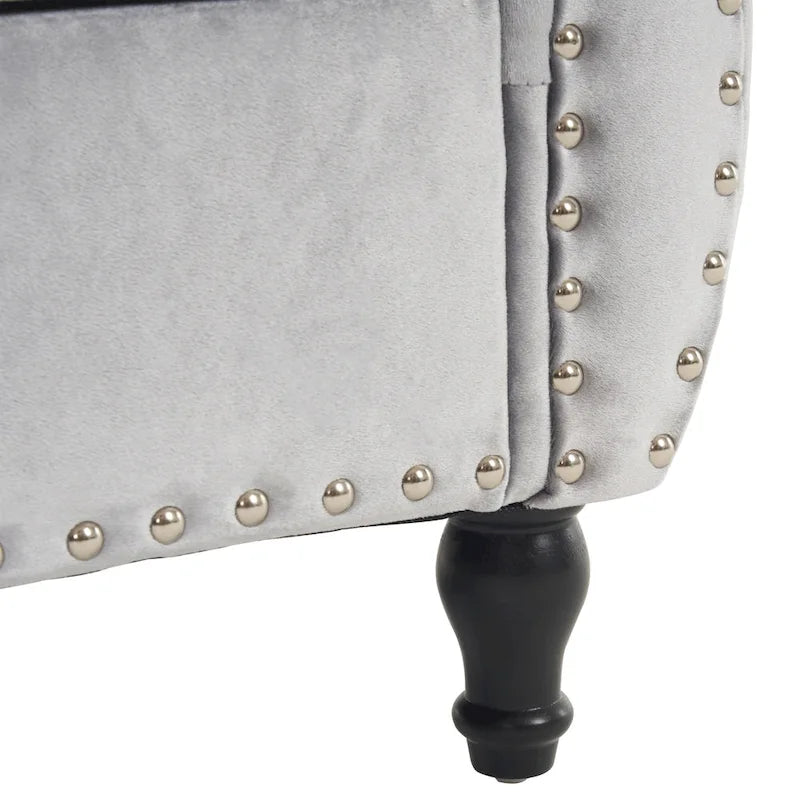 Traditional Velvet Storage Ottoman Bench with Rolled Arms, Tufted Waffle Stitch & Pillow