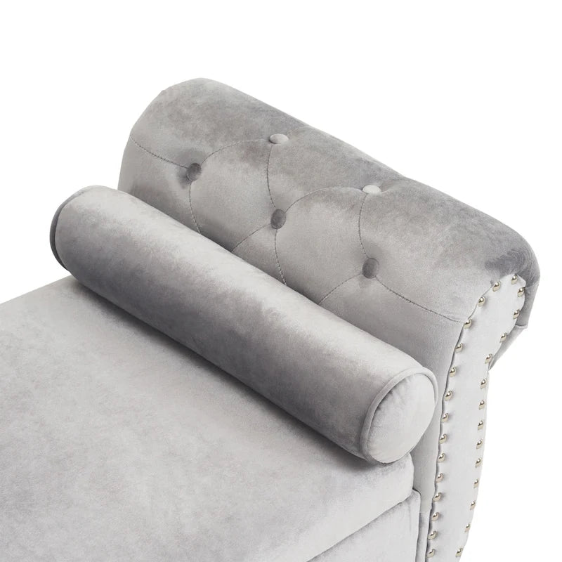 Traditional Velvet Storage Ottoman Bench with Rolled Arms, Tufted Waffle Stitch & Pillow
