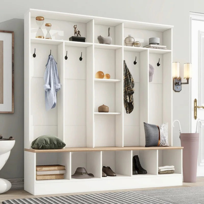 Wide Hall Tree with Storage Bench - Minimalist Shoe Cabinet, Cube Storage, 8 Hooks
