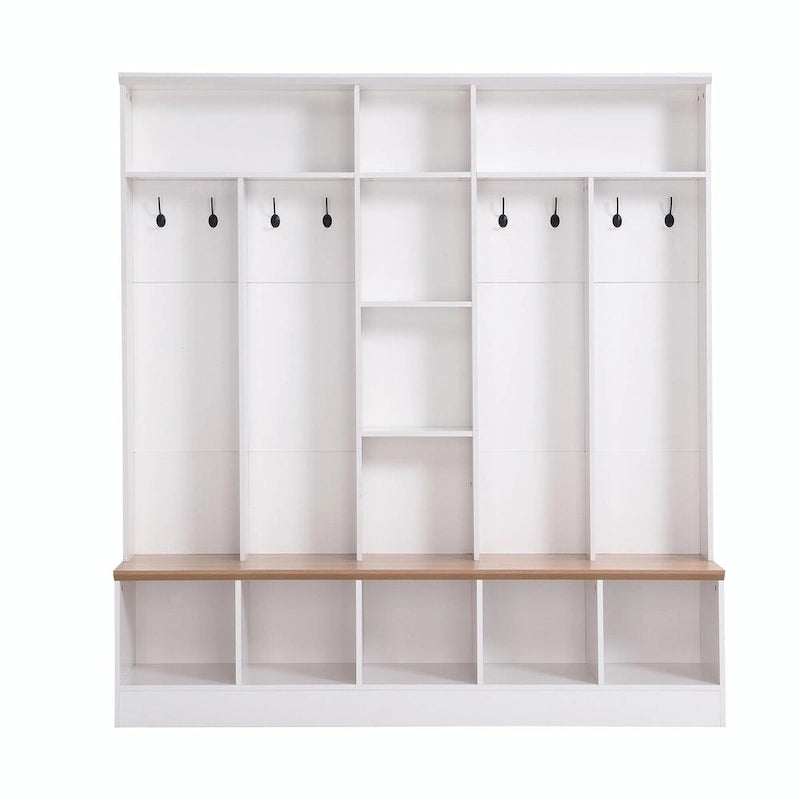 Wide Hall Tree with Storage Bench - Minimalist Shoe Cabinet, Cube Storage, 8 Hooks