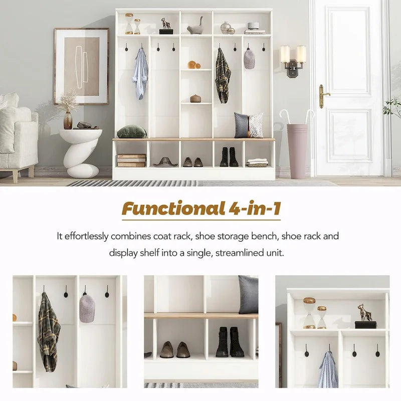 Wide Hall Tree with Storage Bench - Minimalist Shoe Cabinet, Cube Storage, 8 Hooks