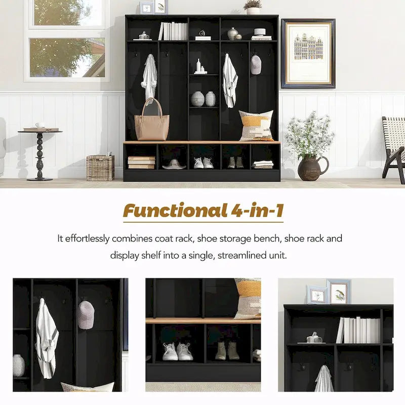 Wide Hall Tree with Storage Bench - Minimalist Shoe Cabinet, Cube Storage, 8 Hooks
