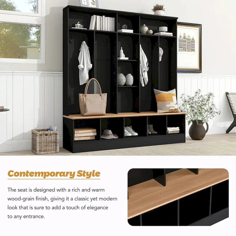 Wide Hall Tree with Storage Bench - Minimalist Shoe Cabinet, Cube Storage, 8 Hooks